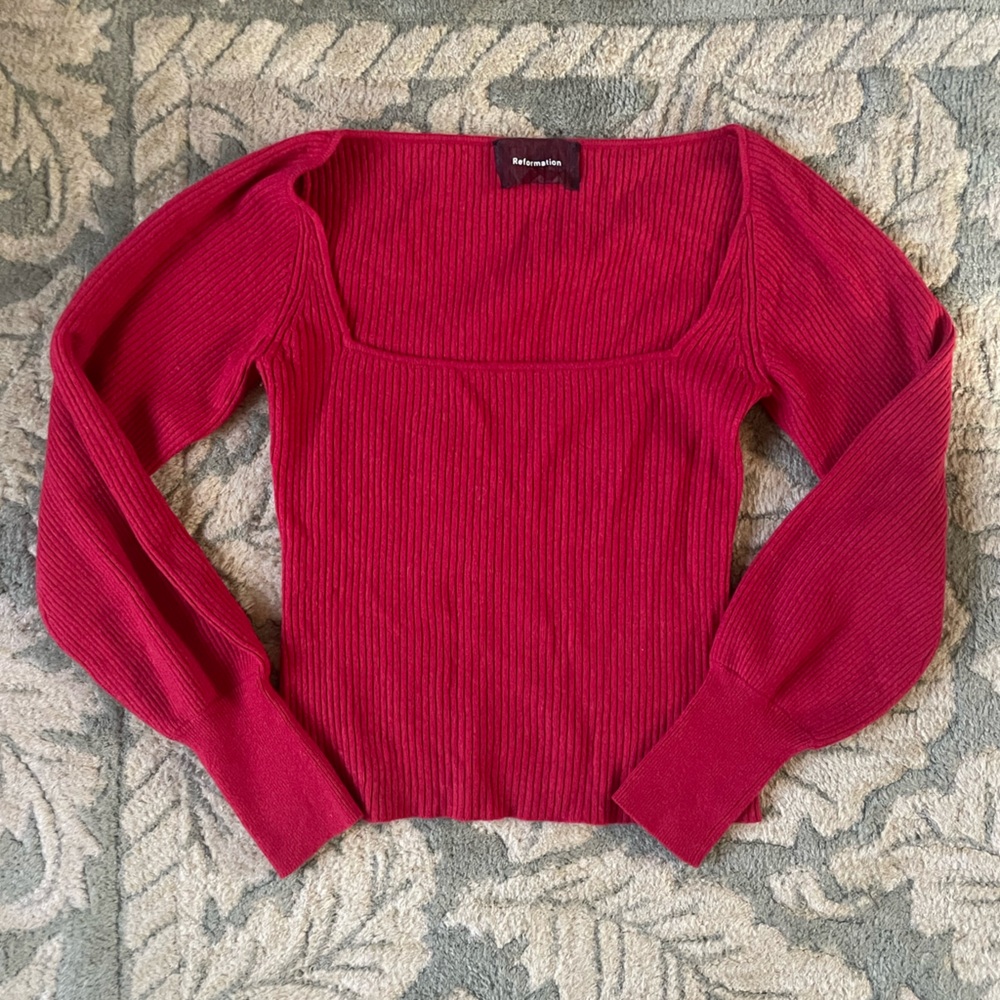 Reformation Recycled Cashmere Cherry Red Square-neck Sweater